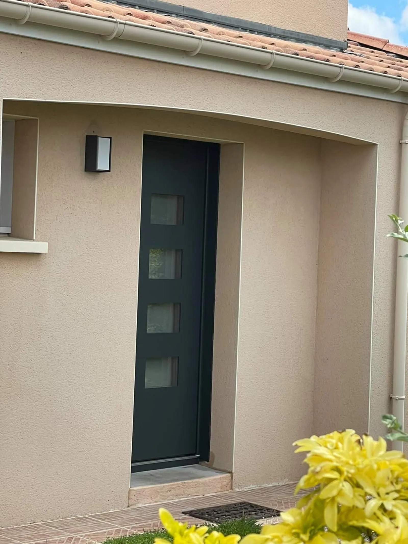 Porte d'entrée aluminium anthracite hublots verticaux contemporaine